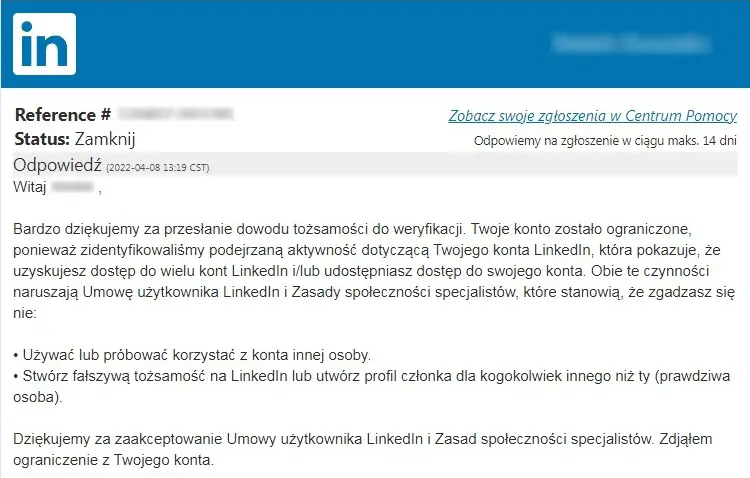 LinkedIn – zdjęcie blokady z konta